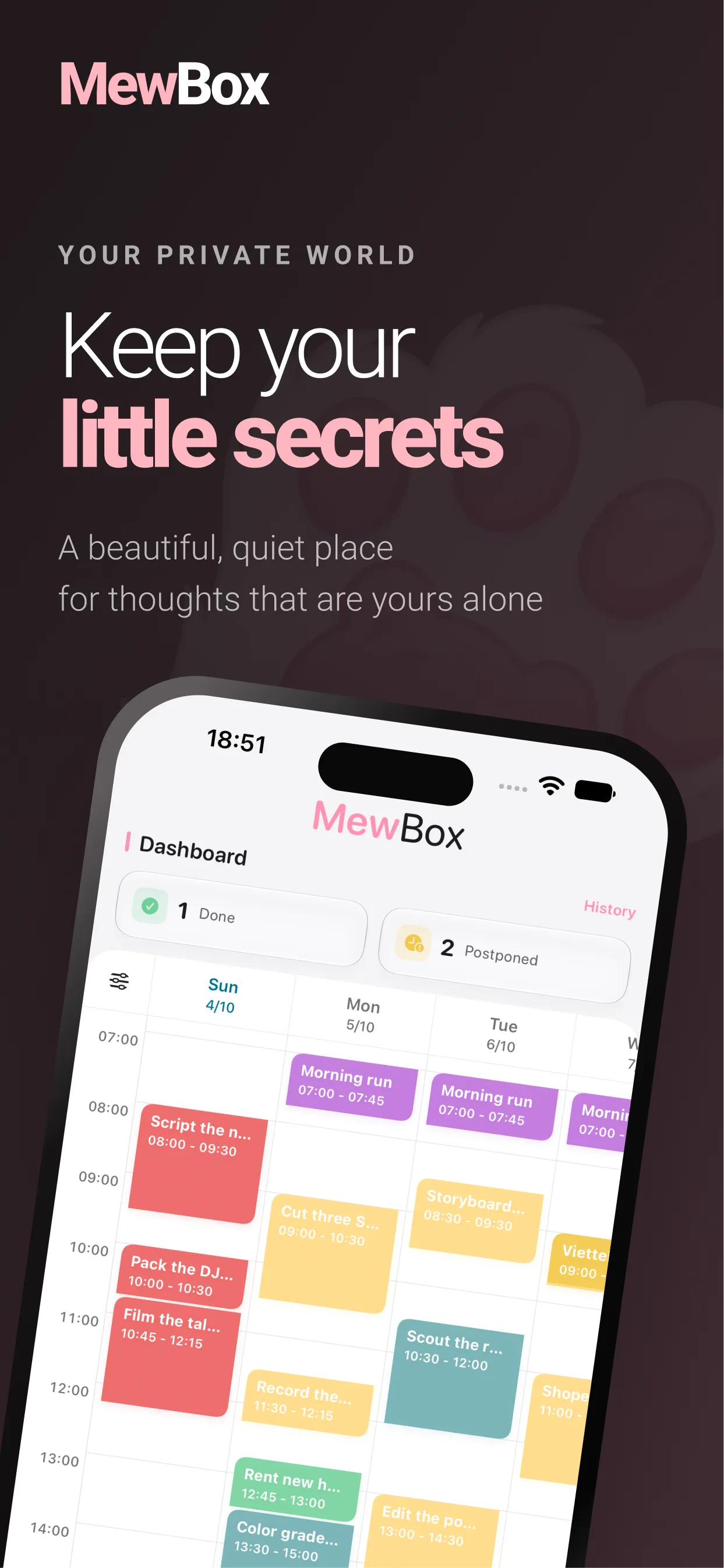 MewBox dashboard with a weekly timeline — Keep your little secrets